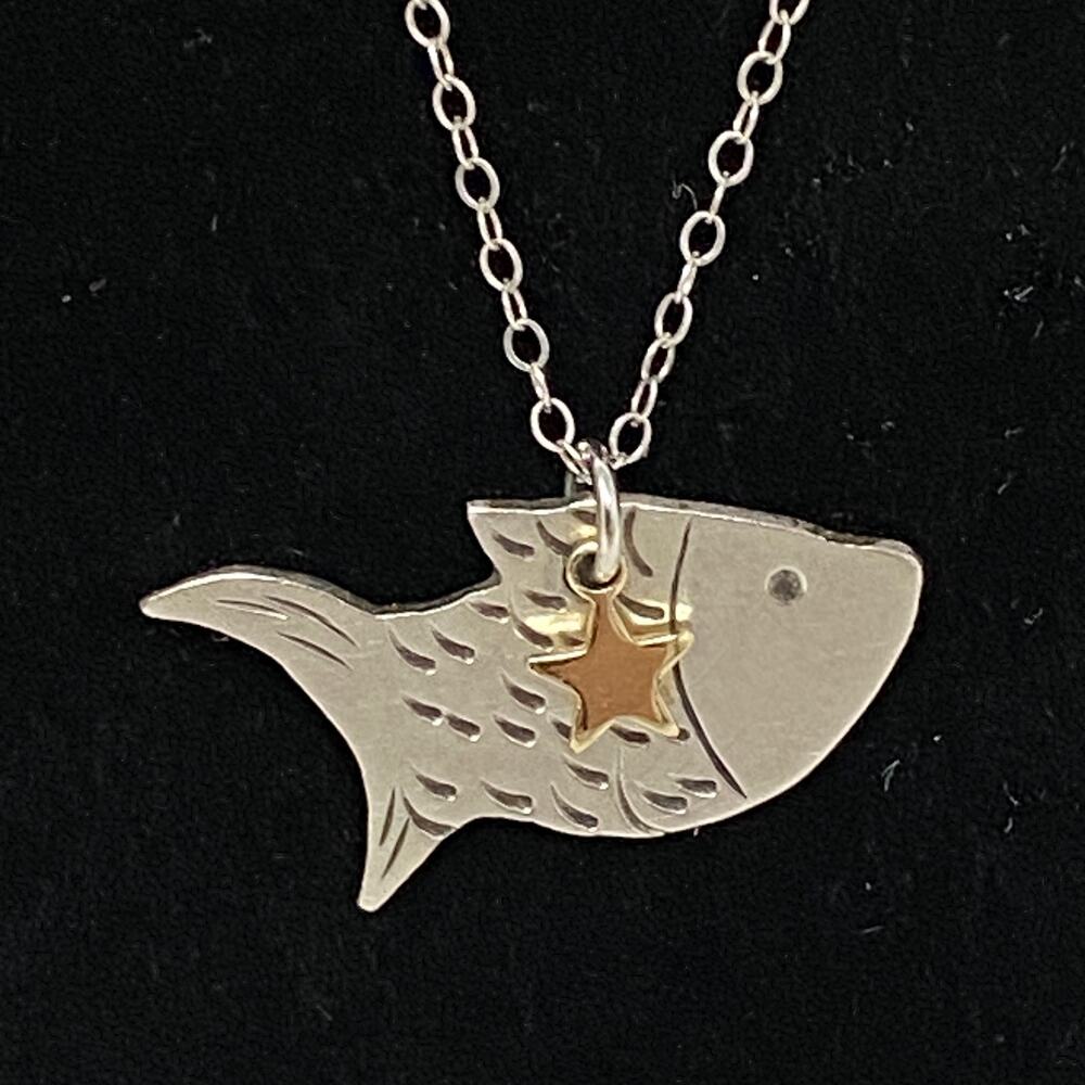 Signed JSW Sterling Silver Fish 10k Solid Gold Star Charm Pendant Necklace